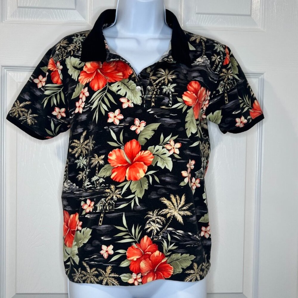 Jamaica Bay Hawaiian casual polo cotton L womens red black hibiscus